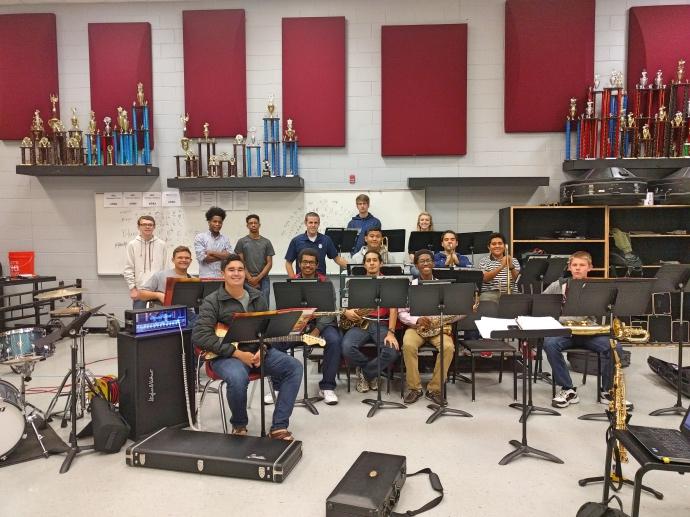 Michael Caffee, standing fourth from left, directs the Jazz Band at Center Hill High School.