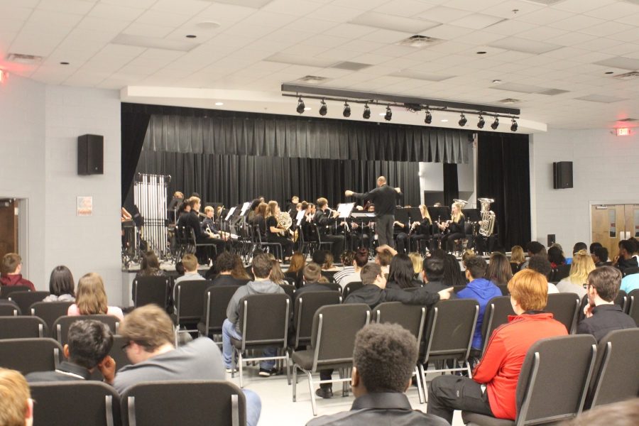 The Wind Ensemble, performing here in the PAC, earned superior and excellent ratings at the state band evaluation April 16.