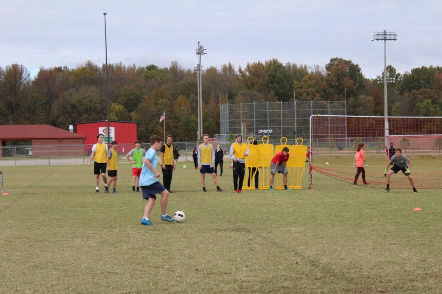 Brayden Hellums (light blue shirt), a center defensive mid, practices with the Center Hill High School boys soccer team. Hellums was chosen to play Feb. 16 in the Mississippi Association of Coaches All-Star soccer game.