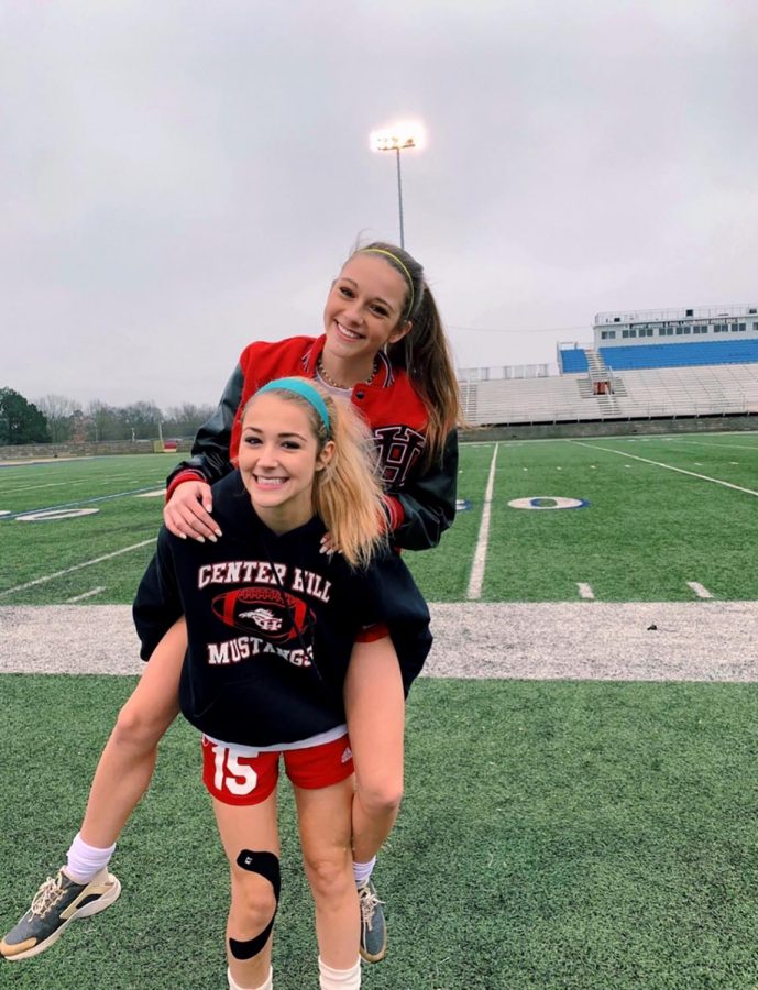 Senior Mallory Gaines, standing, and her sister Maggie, a junior, have been playing soccer together since they were children. “I wouldn’t be the player I am today without having played since I was four with my sister,” Maggie said.