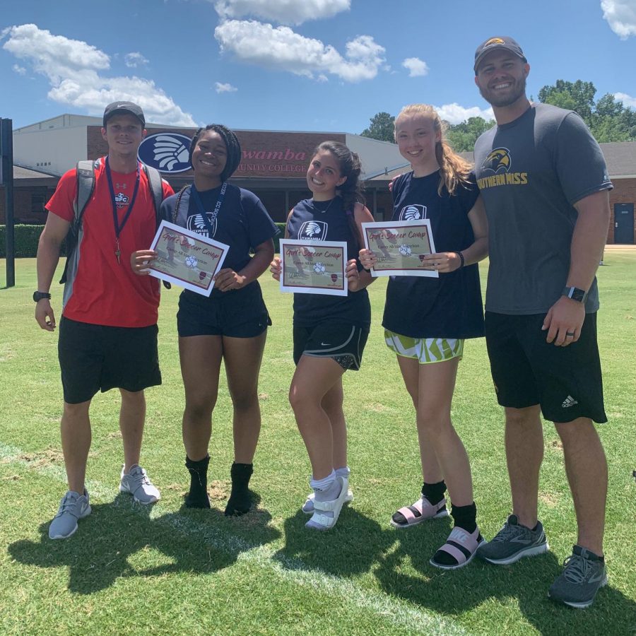 The Lady Mustangs soccer team attended summer camp at Itawamba Community College May 28-31. From left are coach Ryan Worsham, All-Star Team members Karmen Smith, Bre Jimenez and Lauren Ballard, and camp coach Dylan Burnett of the University of Southern Mississippi.