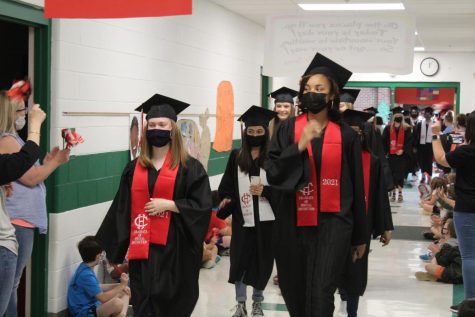 After a Senior Breakfast Social in the cafeteria and a graduation practice in the gym, on May 19 the Class of 2021 participated in the annual Grad Walk at Overpark and Center Hill elementary schools. Shown from left to right are Rebekah Wright, Leslie Alvarado, Brinley Steed and Kassidy Burrage.