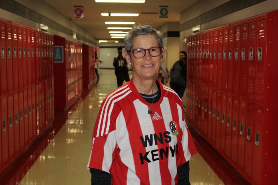 Assistant Principal Brenda Case showing off her Winterfest spirit geared up for Jersey Day.