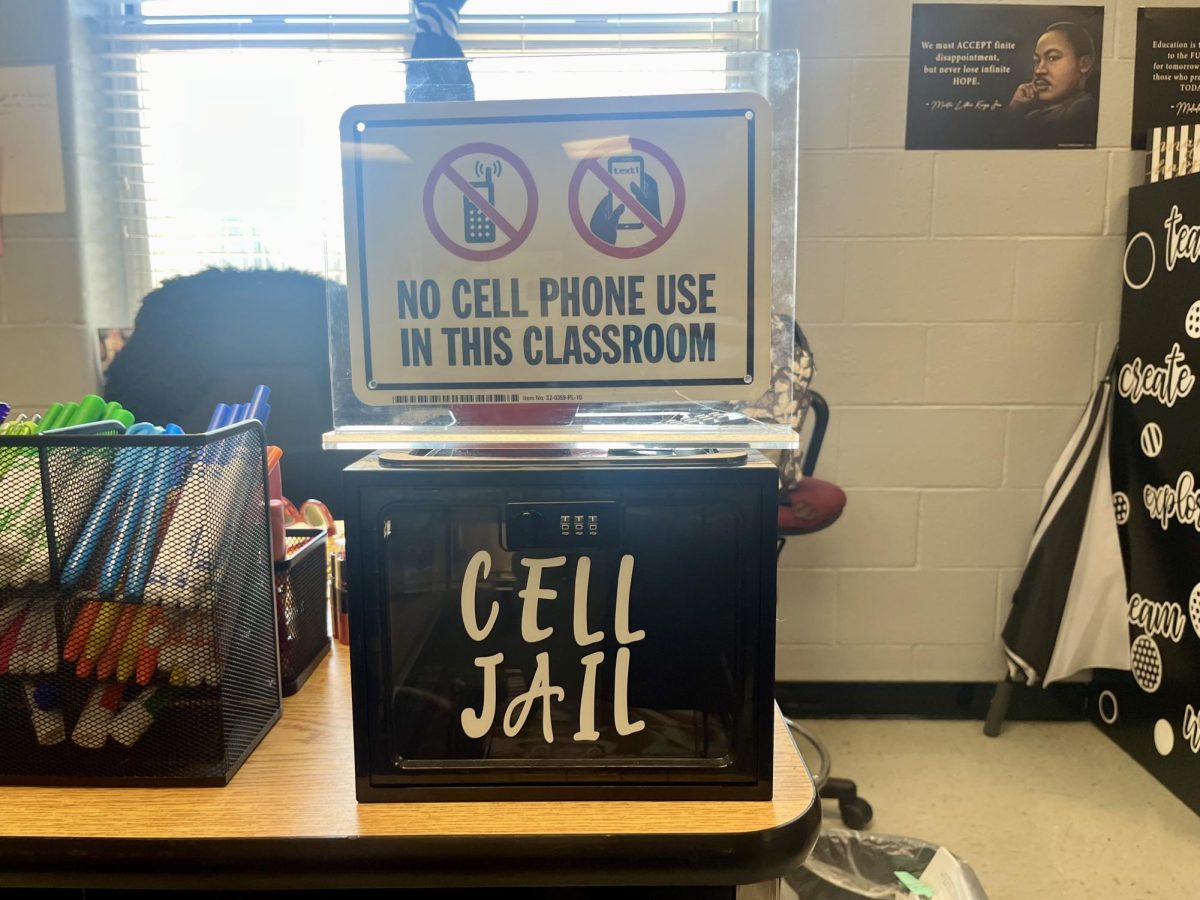 English teacher Lesiah Thompsons classroom features a homemade Cell Jail. When a student is caught on a cellular device without permission during class time, students must place their device in the jail.