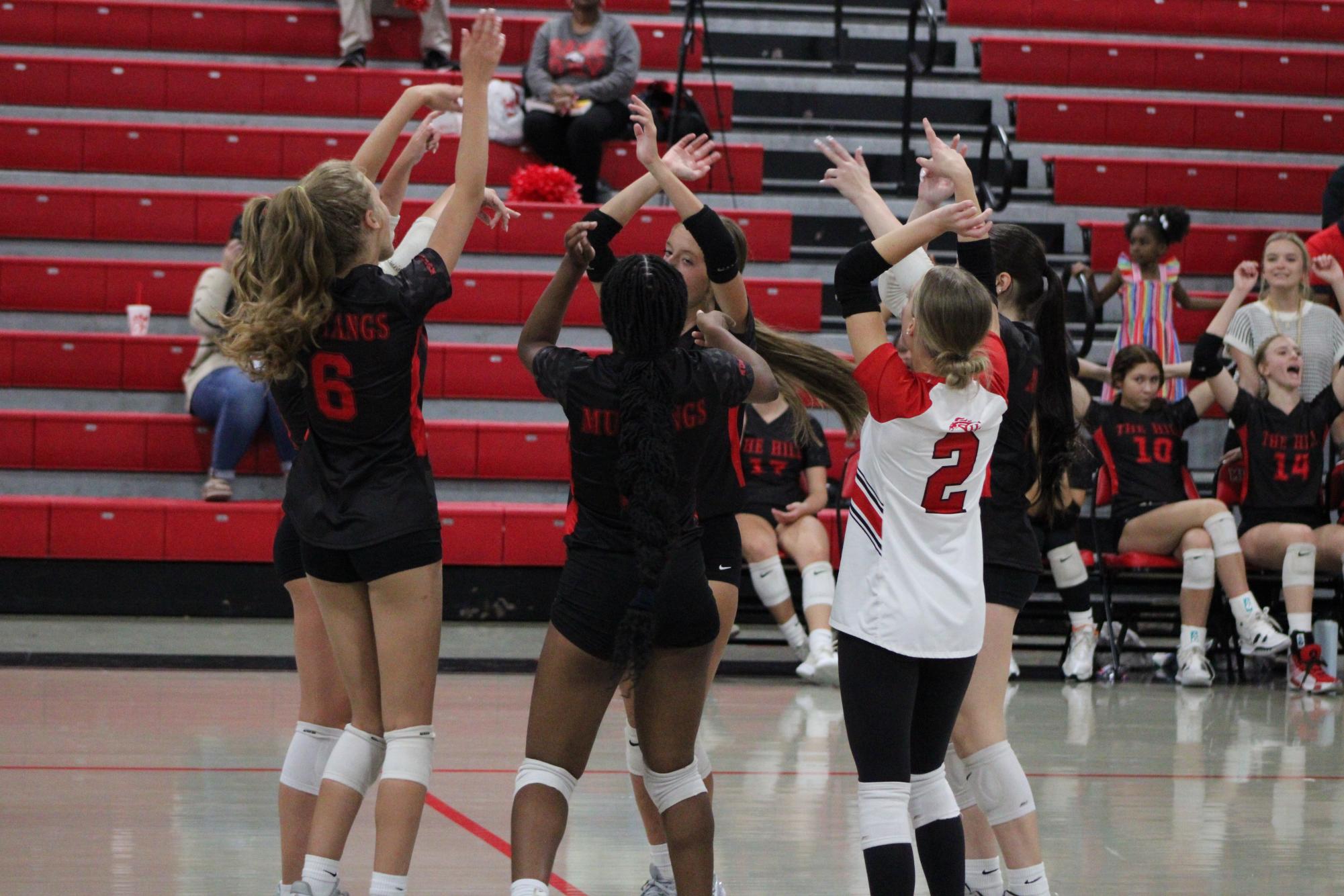 Volleyball celebrates win against South Panola for senior night.